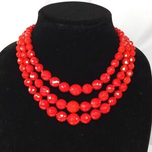 Vintage Multi-Strand Red Glass Beaded‎ Necklace Faceted With Gold Clasp